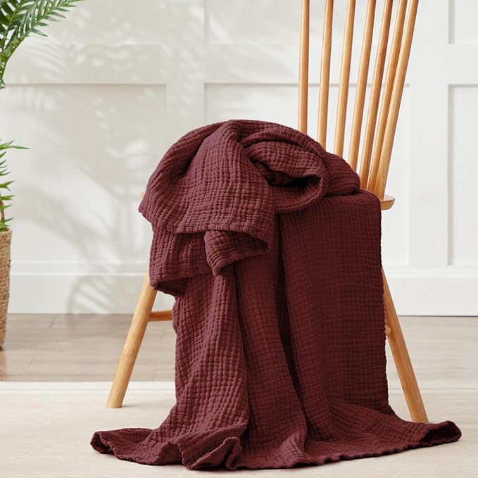 100% Cotton Muslin Blanket Queen 90" x 90", 6 Layers Breathable and Lightweight Cotton Throw Blankets for Bed, Soft Cooling Summer Gauze Blanket for Adults All Season, Burgundy