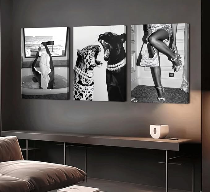 Bathroom Fashion Leopard Print Black and White Canvas Wall Art Trendy Women Posters Paintings Luxury Feminist Pictures Wall Decor for Bedroom Living Room Hallway Home Decoration 16x24 In Framed