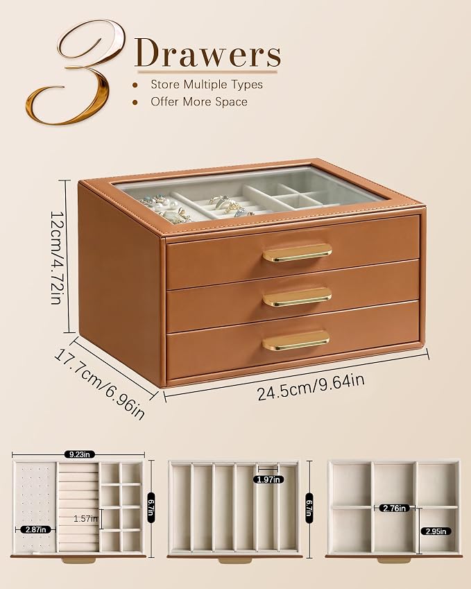 Homeanda Jewelry Boxes Organizer with Glass Lid, 3-Layer PU Leather, Brown | Modern style display case with 3 drawers for daily jewelry, women, mom or girl gift