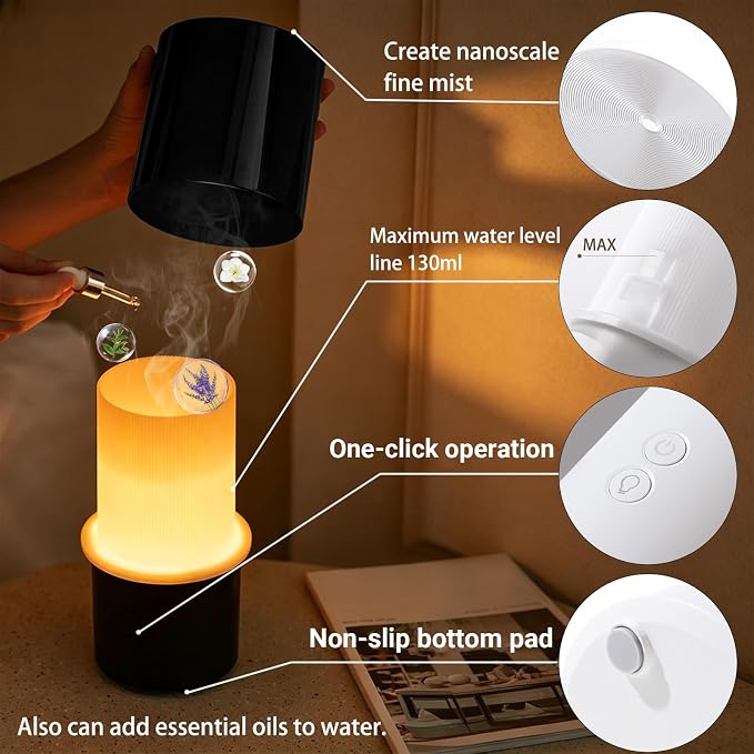 Essential Oil Diffuser 130ML, Aromatherapy Diffuser with LED Mood Lighting 2 Mist Mode, Ultrasonic Mist Humidifier for Car Home Office Bedroom ﻿ (White)