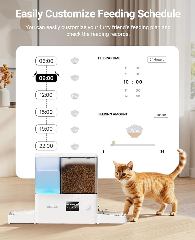 2-in-1 Automatic Cat Feeder & Water Dispenser,WiFi Control Feeding | 2.4G WiFi APP/Timed Feeding/5L Food Feeder,3.5L Water Fountain/Stainless Steel Bowls/Detachable Clean/White