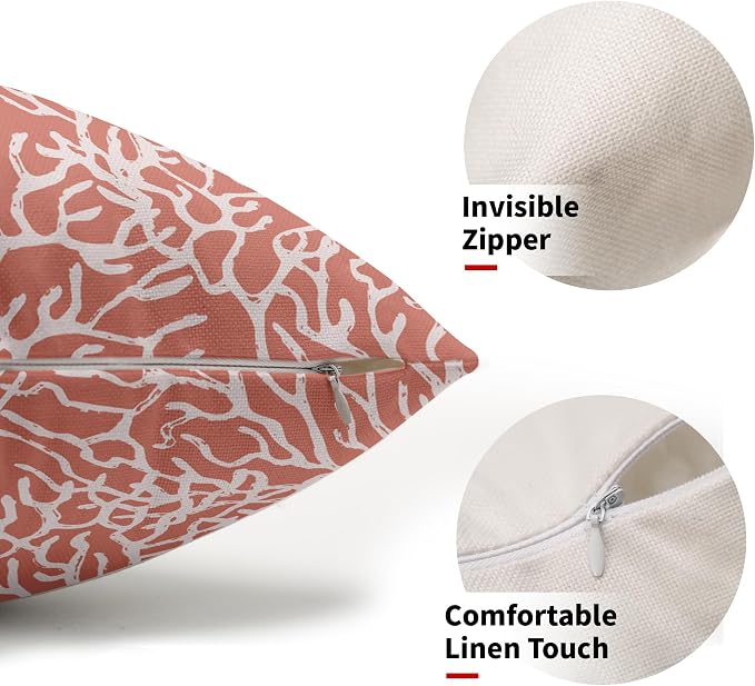 Nautical Coastal Lumbar Pillow Covers 12x20 Inch Set of 2 Summer Ocean Beach Coral Red Decorative Pillow Cases Outdoor Linen Cushion Cover Farmhouse Decor for Bedroom Home Sofa Couch Bed