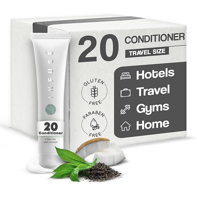 Travel Size Hotel Conditioner 20 Count 1 oz Bottles Guest Amenities for Hotels Vacation Rentals and Short Term Rentals Paraben Free White Tea and Coconut Scent Infused with Aloe & Olive Oil by INFUSE