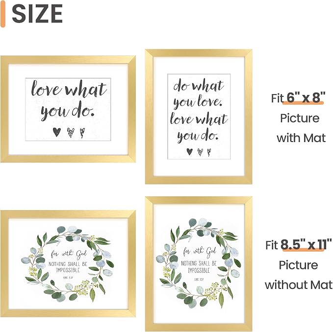 upsimples 8.5x11 Picture Frame Set of 10, Display Pictures 6x8 with Mat or 8.5x11 Without, Multi Photo Frames Collage for Wall or Tabletop Display, Gold | Fit 6x8 Photos and 8.5x11 Certificate, Wall or Tabletop Display, For Gallery Hallway Living Room,...