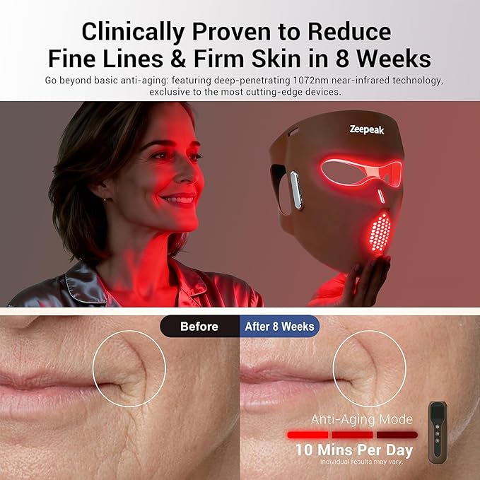 Zeepeak 3D LED Red Light Therapy Mask, FDA-Cleared, Anti-Aging & Blemish Repair, 5 Modes Red, Blue, Yellow & 1072nm Near-Infrared Lights, Eye-Protection, Portable 360 LEDs Face Mask for Home Travel
