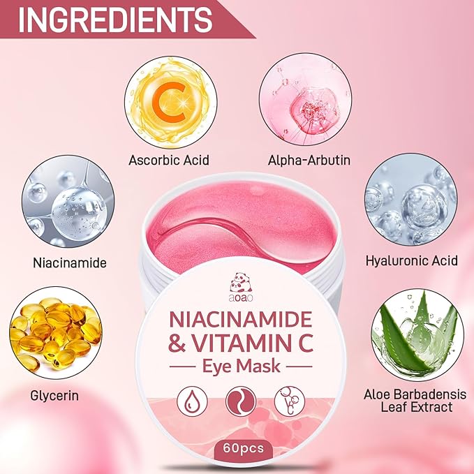 AOAO Revitalizing Niacinamide & Vitamin C Eye Masks, Brightening & Anti-Dark Circles, with Alpha-Arbutin & Hyaluronic Acid, Dark Circle Corrector, Pink Hydrating Under Eye Patches, 60 Pcs