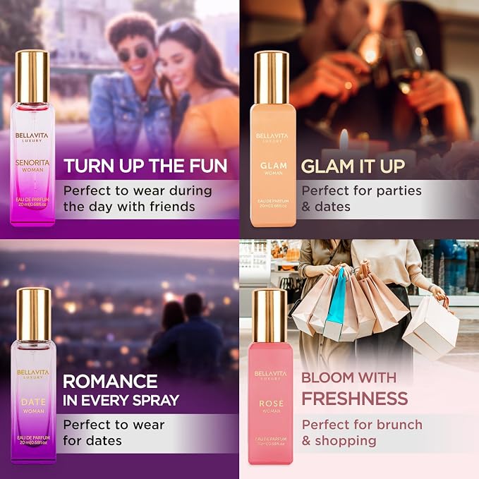 Bellavita Luxury Women's Perfume Gift Set with Rose, Senorita, Date, and Glam | 80ml | Perfume for Women | Pink Pepper, Yuzu and Floral Peach | Long Lasting Fragrance |Mother's day present