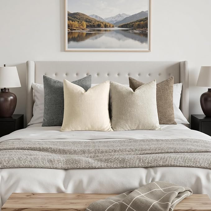 MIULEE Pack of 4 Fall Decorative Throw Pillow Covers 18x18 Inch Chenille Textured Throw Pillows Boho Farmhouse Cushion Covers Vintage Home Decor for Couch Sofa Bed Living Room，Beige Taupe Gray
