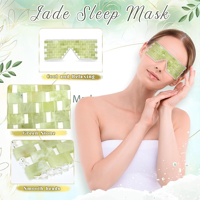 Chicingyou 8 Pcs Jade Eye Mask Bulk with 100% Real Jade Reusable Facial Cooling Mask with Beads for Hot and Cold Therapy to Reduce Wrinkles Puffiness Migrained and Anti-aging (Light Green)