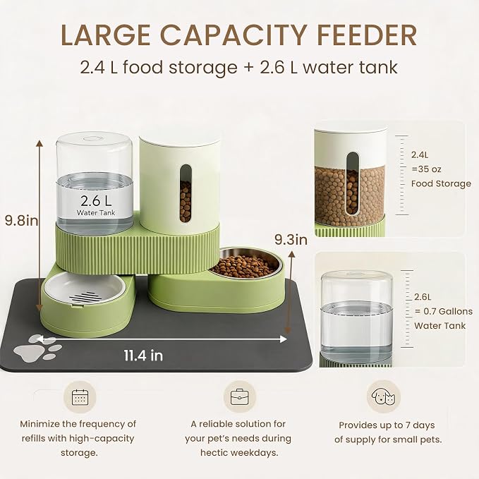 Gravity Cat Feeder 2 Pack Automatic Food Feeder and Water Dispenser Set Detachable Pet Bowl with Silicone Mat for Cats Small Medium Dogs, Large Capacity(Green)