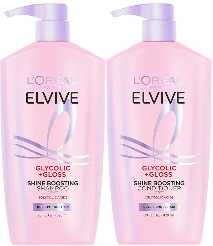 L'Oreal Paris Elvive Glycolic + Gloss Shine Boosting Shampoo and Conditioner Set, Cleanses and Smooths Dull, Porous Hair Into High-Shine, Glossy Hair, 1 Kit