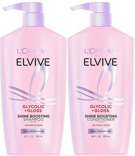 L'Oreal Paris Elvive Glycolic + Gloss Shine Boosting Shampoo and Conditioner Set, Cleanses and Smooths Dull, Porous Hair Into High-Shine, Glossy Hair, 1 Kit