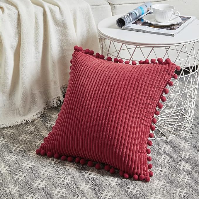 Fancy Homi 2 Packs Burgundy Decorative Throw Pillow Covers 20x20 Inch with Pom poms, Christmas Home Decor, Soft Corduroy Accent Square Cushion Case for Living Room Couch Bed Sofa 50x50 cm
