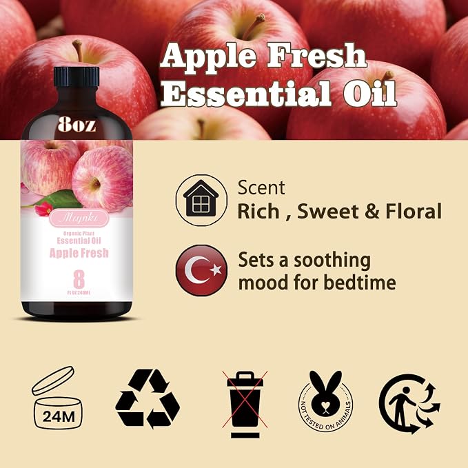 Apple Essential Oil, Apple Oil for Diffuser, Humidifier, DIY Candle, Soap, Fresh Scent, Kitchen, Home, Gift Ready,Apple Fragrance Oil - MLYNKL Essential Oils (8.33 fl oz / 250ml)