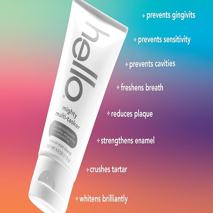 Hello Mighty Multitasker Fluoride Toothpaste, 8-in-1 Toothpaste with Minty Flavor, Anticavity, Antigingivitis, Antisensitivity, Strengthens Enamel and Whitens, 4.0 Oz Tube