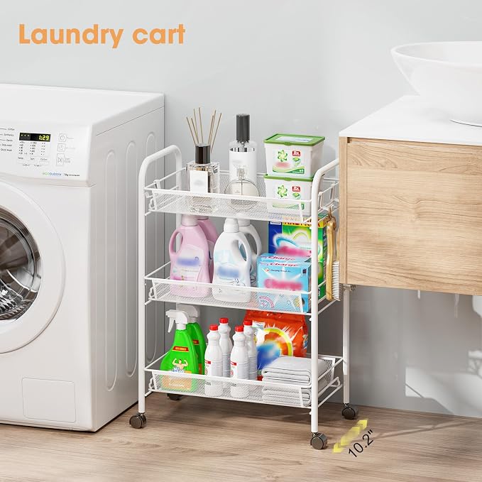 TOOLF 3 Tier Rolling Cart, Metal Utility Storage Cart with Wheels, White | 3 Hooks, Screwless Assembly, Trolley Organizer for Bathroom, Kitchen, Office, Nursery, Dorm, Laundry Room