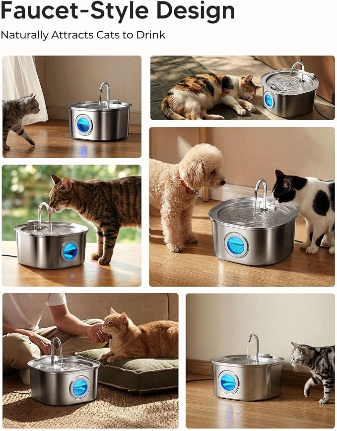 PEKTACO Stainless Steel Cat Water Fountain, 3.2L/108oz with 3 Filters | Cat water dispenser, dishwasher safe, with triple filtration, quiet pump, and visible water window for cats and small pets