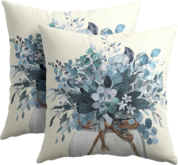 Kawani Blue Eucalyptus Throw Pillow Covers Set of 2, 20x20 Inch Leaves Mason Jar Farmhouse Pillowcases Double Sided Cotton Linen Cushion Cover for Couch Sofa Car Outdoor Home Decor