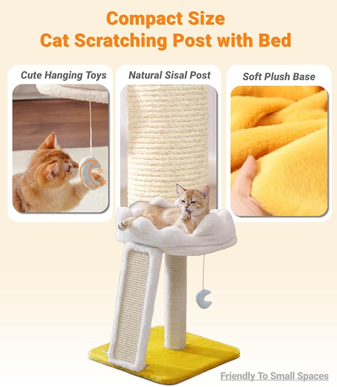 Cat Tree, Cloud Cat Tower with Soft Bed, Cat Scratching Post & Pad with Larger Perch for Window Viewing, Small Cat Tree with Cute Toys, Bonus Catnip