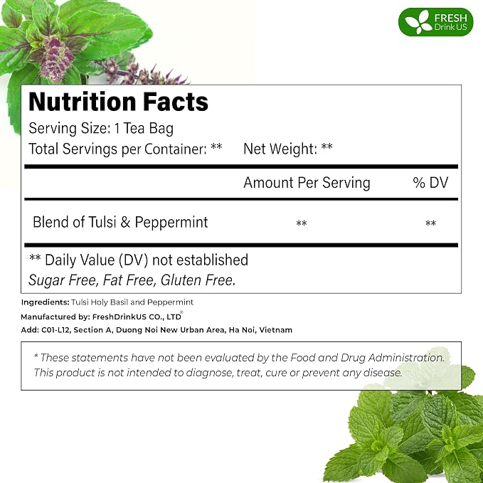 FreshDrinkUS, Premium Tulsi Peppermint Herbal Tea – 135 Tea Bags, 100% Natural, Blend of Tulsi Holy Basil Leaves, and Peppermint Leaves. Made with Natural Material Tea Bags. No Sugar, Vegan.