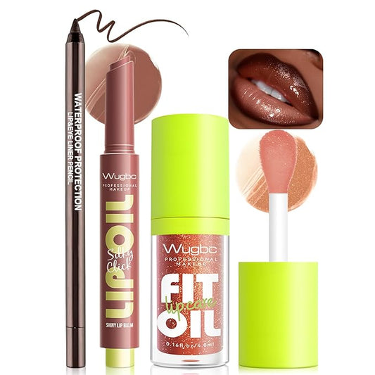 Brown Lip Liner & Lip Gloss Set Moisturizing Lip Kit, Smooth Dark Brown Lip Liner Pencil Hydrating Lip Tint Non Sticky Click Lip Balm Lightweight Long Lasting Daily Lip Care for Women