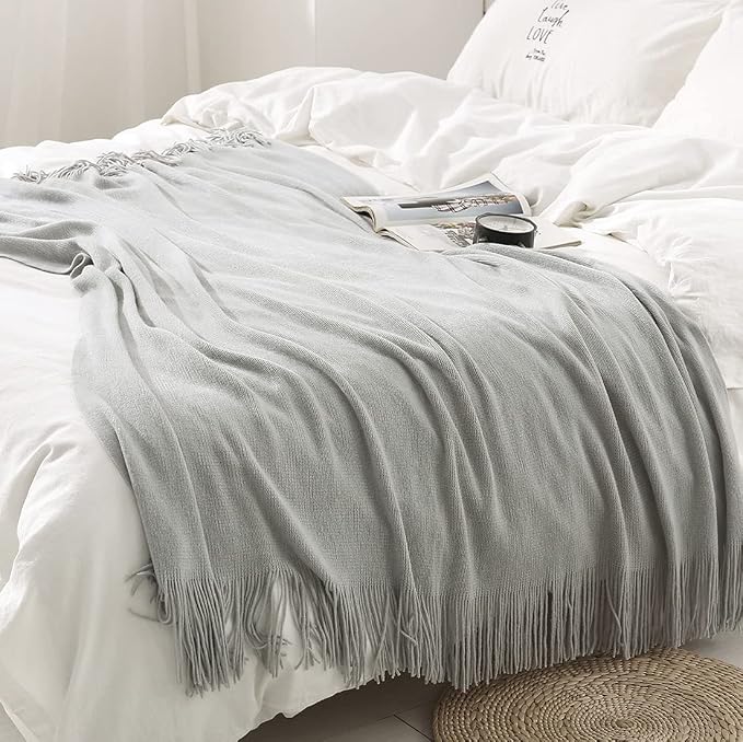 Homiest Light Grey Knitted Throw Blanket with Fringe, 50x60 Inch | Pure Acrylic, Lightweight & Breathable, All-Season Use, Machine Washable, Wrinkle & Fade Resistant, for Couch Sofa And Bed