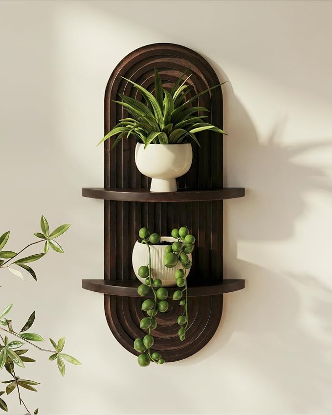 Bamworld Boho Wall Decor Plant Wall Shelf Wood Plant Holder Walnut 2PCS | Mid Century Modern Decor Hanging Plant Shelf Wooden Floating Shelves for Home Bedroom Living Room Holding Planter Decoration