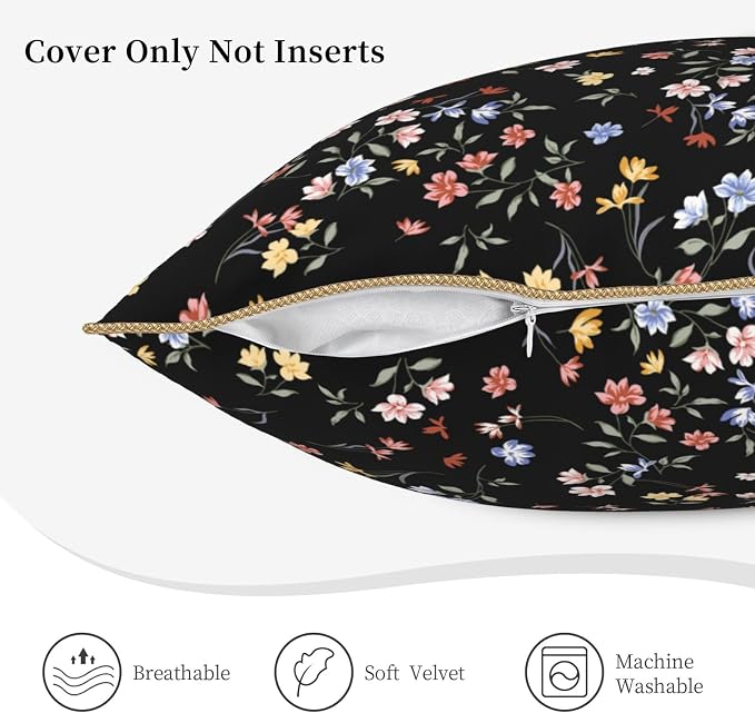 Black Floral Velvet Pillow Covers 20x20 Inch Vintage Colorful Wildflower Throw Pillows For Couch Farmhouse Cushion Covers Pillowcase Spring Summer Plant Pillow Cases For Sofa Bed Outdoor Decor