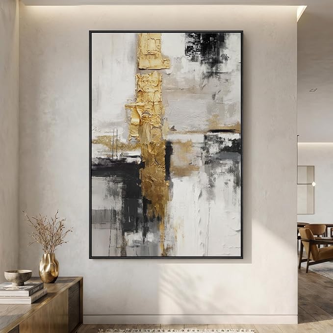 Extra Large Framed Black and White Gold Abstract Wall Art for Living Room, Modern Canvas Prints Vertical Artwork for Walls, Contemporary Art Pictures for Bedroom Dining Room Hallway Wall Decor 40x60 In
