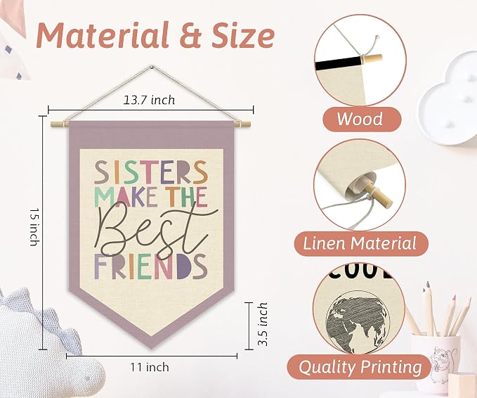Girls Room Wall Art Decor,Toddler Girl Room Cute Purple Nursery Bedroom Playroom Canvas Banner Decorations,Sisters Make The Best Friends Wall Hanging Pennant Flag for Little Girls Princess