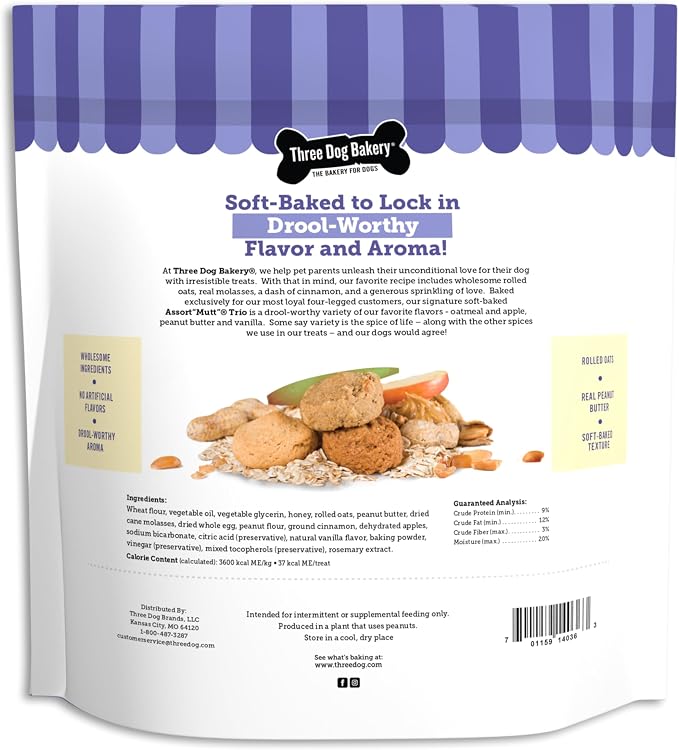 Three Dog Bakery Assort Mutt Trio Soft Baked Dog Treats - Oats, Apple, Peanut Butter & Vanilla Flavors - 48 oz Variety Pack