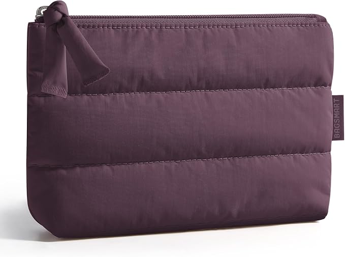 BAGSMART Small Puffy Water-Resist Makeup Bag for Women | Ultra-compact 1.6" profile; disappears into crowded totes, backpacks, carry-ons