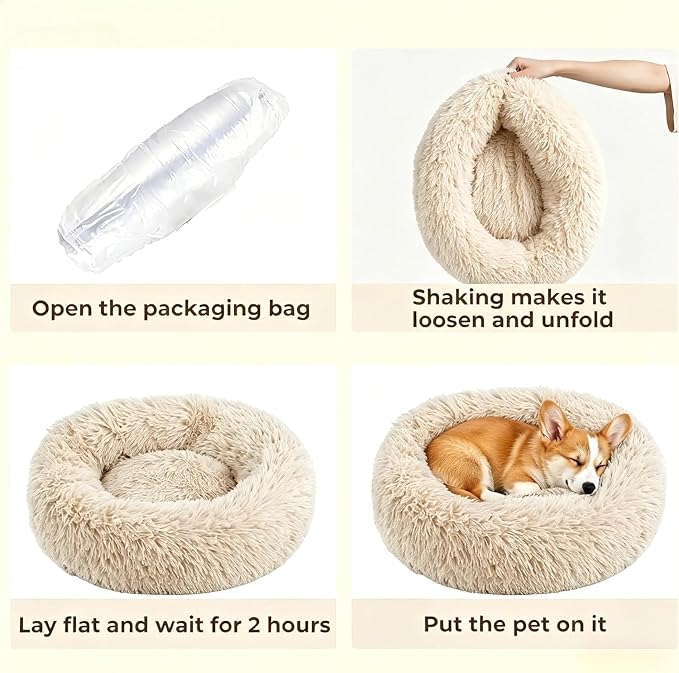 Calming Extra Large Donut Dog Bed, Anti-Anxiety Round Soft Fluffy Plush Faux Fur Washable Anti-Slip Pet Bed for Medium Dogs Up to 45 lbs 32in Light-Brown