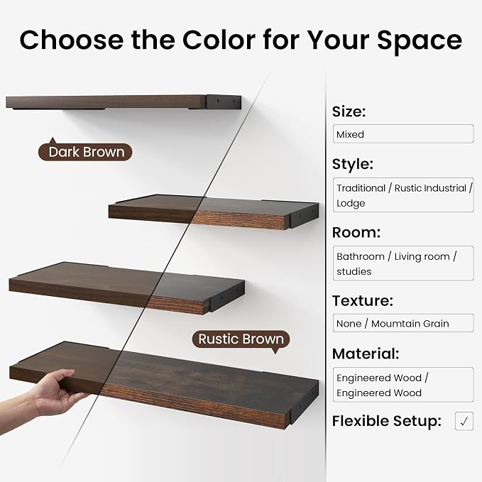 BAYKA Floating Shelves for Wall, Book Shelf for Bedroom, Decor Shelves for Living Room Kitchen, Mounted Wood Floating Shelf for Home Decor, Corner Shelf for Bathroom, Office(Dark Brown,Set of 4)
