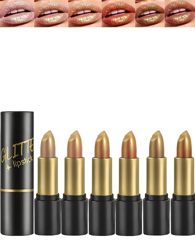 6 Pcs Metallic Glitter Lipstick Set, Sparkling Shimmer Lip Stick High Pigmented Lip Gloss for Women, Diamond Shiny Long Lasting 24 Hours Waterproof Non-Stick Lipgloss Lips Color labiales Makeup Gift-C