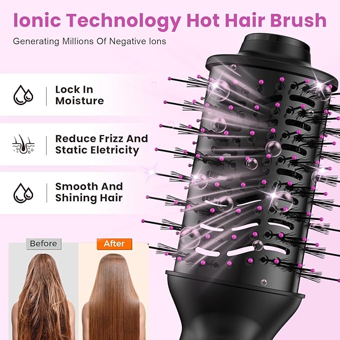 Dual Voltage Mini Hair Dryer Brush with UK/EU Plug, Blow Dryer Brushes 120V - 240V for European Travel, One Step Hair Dryer and Styler Volumizer with Negative Ion Anti-frizz Styling Brush
