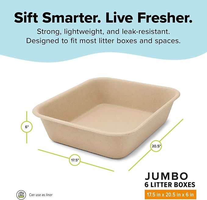 Kitty Sift Disposable Cat Litter Box Jumbo, 6 Count, Durable and Portable for Travel and Home, Eco-Friendly Disposable Litter Box Controls Odor