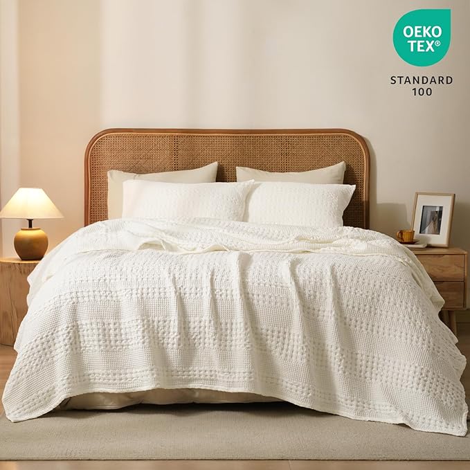 PHF 100% Cotton Waffle Weave Blanket Queen Size, Lightweight Breathable Summer Blanket for Hot Sleepers, Pre-Washed Soft Layer for Bed, Couch, Aesthetic Home Decor & Gift, 90"x90", Ivory