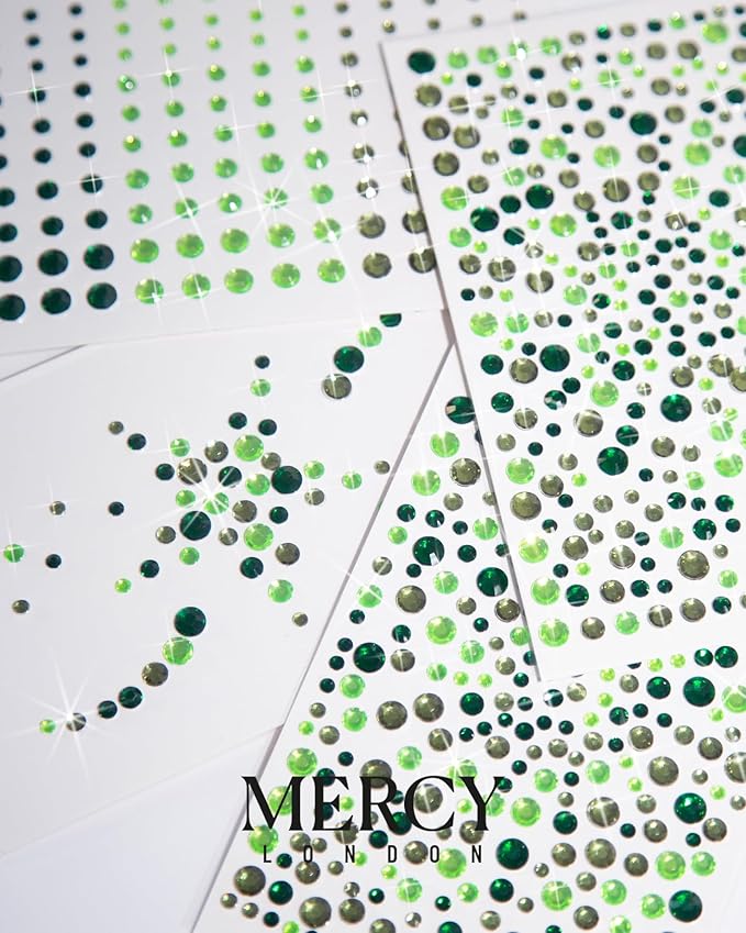MERCY LONDON Face Gems in Green, 866 Self Adhesive Makeup Face Gem Stickers, 4 Sheets, Poison Ivy Reusable Eye Gems, Wicked DIY Face Gems