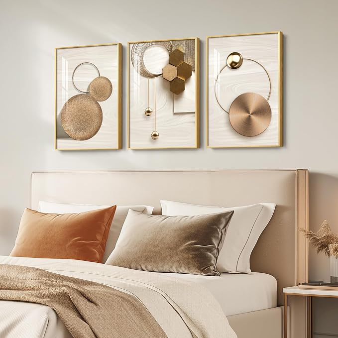 Large Framed Modern Luxury Gold Wall Art for Living Room, 3 Piece 16x24 In | Wall decor with frame, Golden geometric pictures, Crystal coating wall art, Fade resistance prints for bedroom dining room