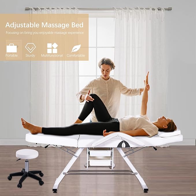 Massage Bed Tattoo Chair Massage Salon with Two Trays,Esthetician Table with Hydraulic Stool,Multi-Purpose 3-Section Facial Bed Table, Adjustable Beauty Barber Spa Beauty Equipment White