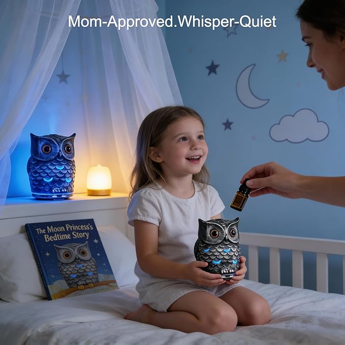 Alieye Ceramic Essential Oil Diffuser, 200ML Handcrafted Ceramic Owl Ultrasonic Cool Mist Aromatherapy Humidifier with 7 Colors LED Waterless Auto Shut Off for Home Office Yoga, Gifts for Mom, Sliver