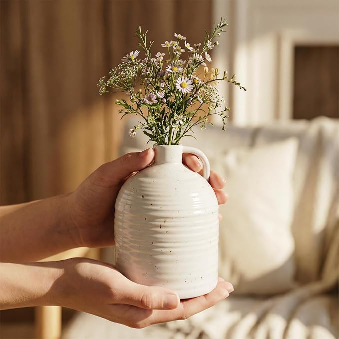 Firehold Ceramic Vase Set of 3 w/Handles, Rustic Farmhouse White Decor Vase | Textured Country Home Decor Vases for Shelf, Mantel, Table Centerpiece, Perfect for Pampas Grass & Dried Flowers