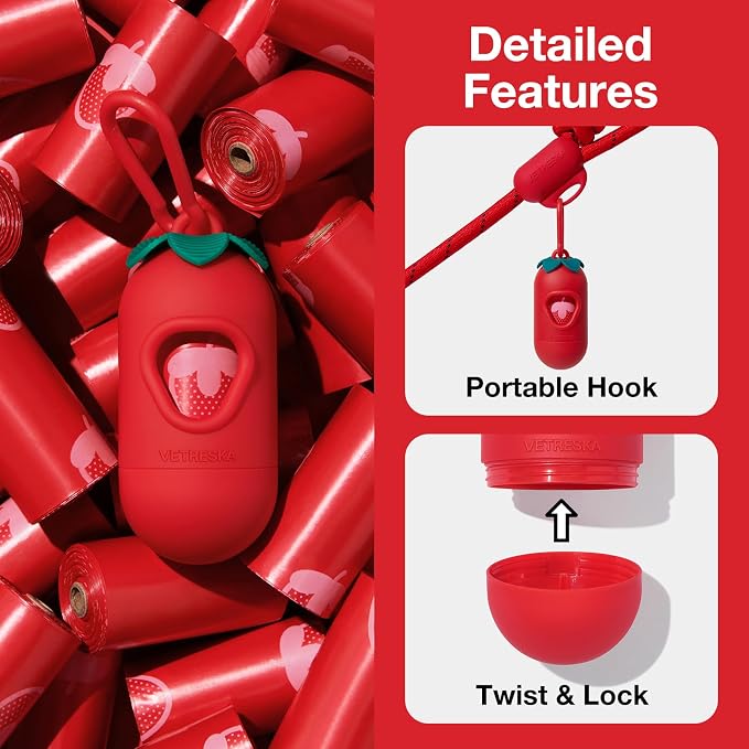 VETRESKA Dog Poop Bag Dispenser with Strawberry Scented Bags, 105 Counts | Leak Proof and Extra Thick Pet Waste Bags, 1 Poop Bag Holder and 7 Rolls for Dog Walking and Cats Litter