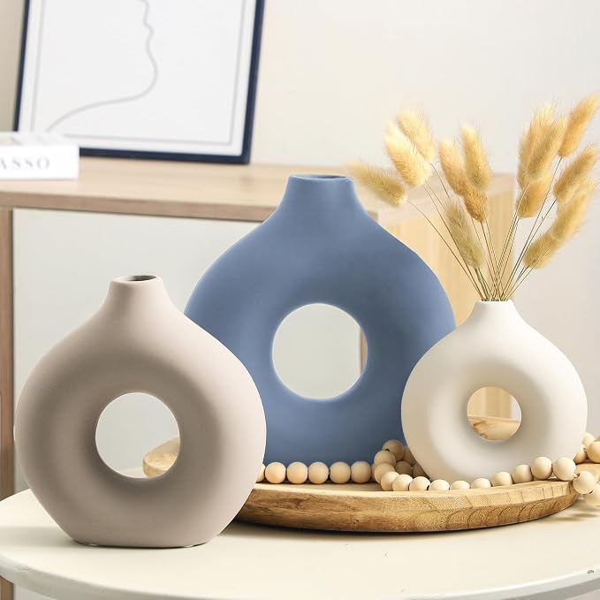 Vanselia Ceramic Vase Home Table Decor - Flower Vases Set of 3 Small Living Room Centerpiece Decorations for Shelf Bedroom Office Kitchen Dining Desk Modern Aesthetic Farmhouse Decorative (Blue)
