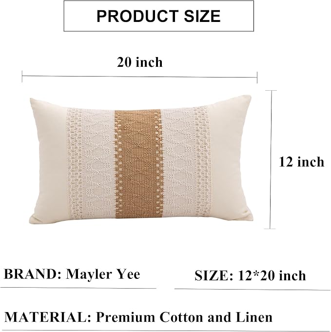 Lumbar Throw Pillow Covers Set of 1 (Beige & Brown, 12x20 Inch) | Linen Cotton Soft Cozy, Decorative Sofa Couch Pillow Cases, Textured Woven Single Striped, Boho Sytle for Living Room