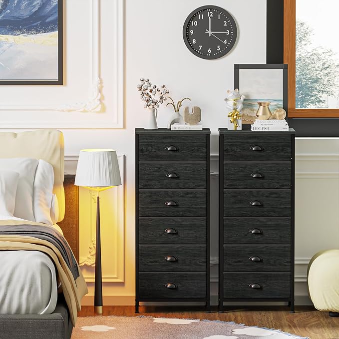 Black Dresser for Bedroom, Tall Fabric Chest of Drawers | Bedroom Dresser with 6 Fabric Bins, Vertical Storage Drawer for Dorm, Organizer in Closet, Living Room, Wood Top, Metal Frame