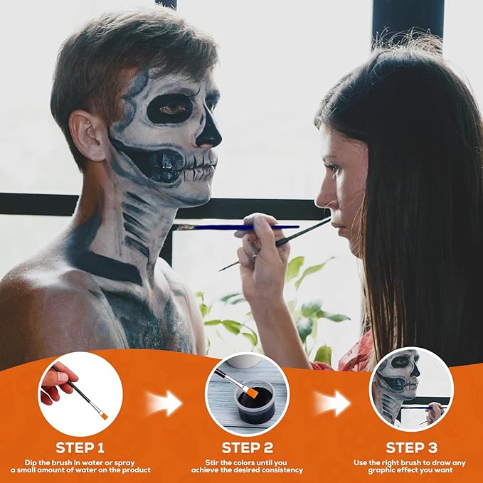 White Black Silver Face Body Paint with 3 Brushes, 60g(2.1 oz) Face Painting Set, Non-Toxic, Water Based Makeup for Halloween, Party, SFX, Cosplay, Theater