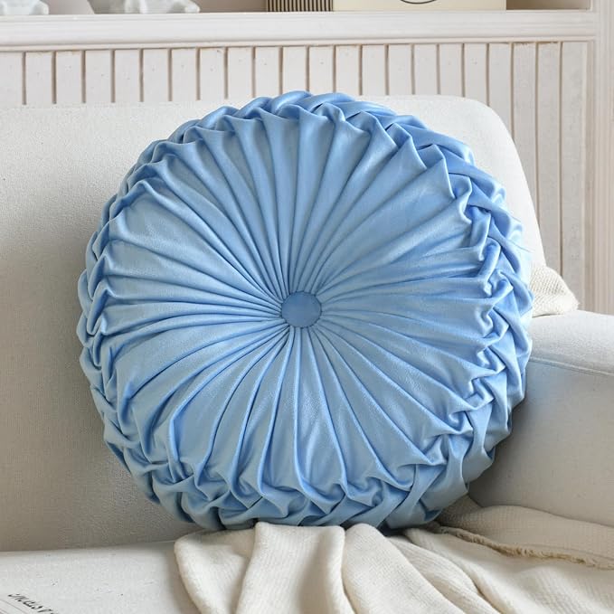 Teieas Round Throw Pillow Velvet Pleated Round Pillow Cushion Light Blue | Boho pumpkin bed decoration pillows,for bedroom,couch,chair,sofa,car,home 14.96''