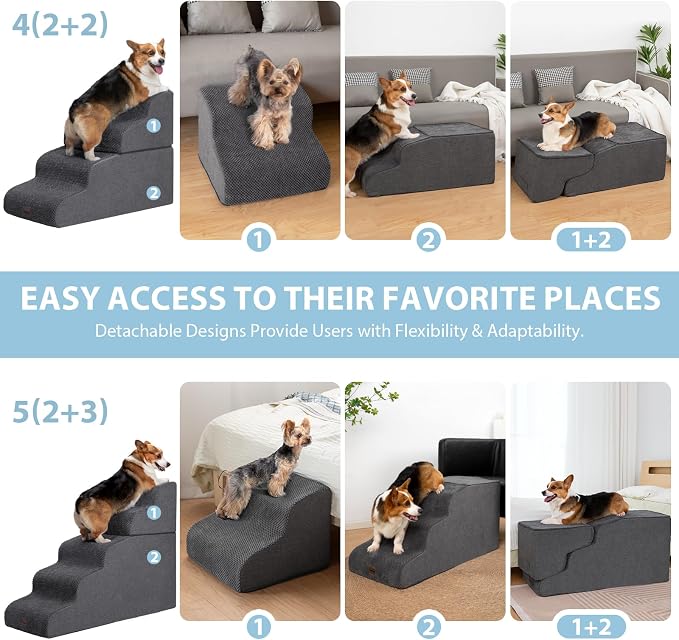 Garnpet Dog Stairs for High Beds, 5-Step Dog Steps for Small Dogs and Cats, Foldable Pet Stairs for High Bed Climbing, Non-Slip Balanced Pet Step Indoor, Dark Grey